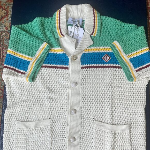 CASABLANCA Camp-Collar Logo-Appliquéd Striped Open-Knit Stretch-Cotton Shirt - Picture 4 of 10